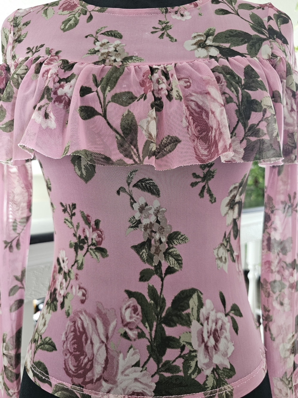 Polly & Esther Pink Floral Ruffle Mesh Long-Sleeve Top - Picture 3 of 7